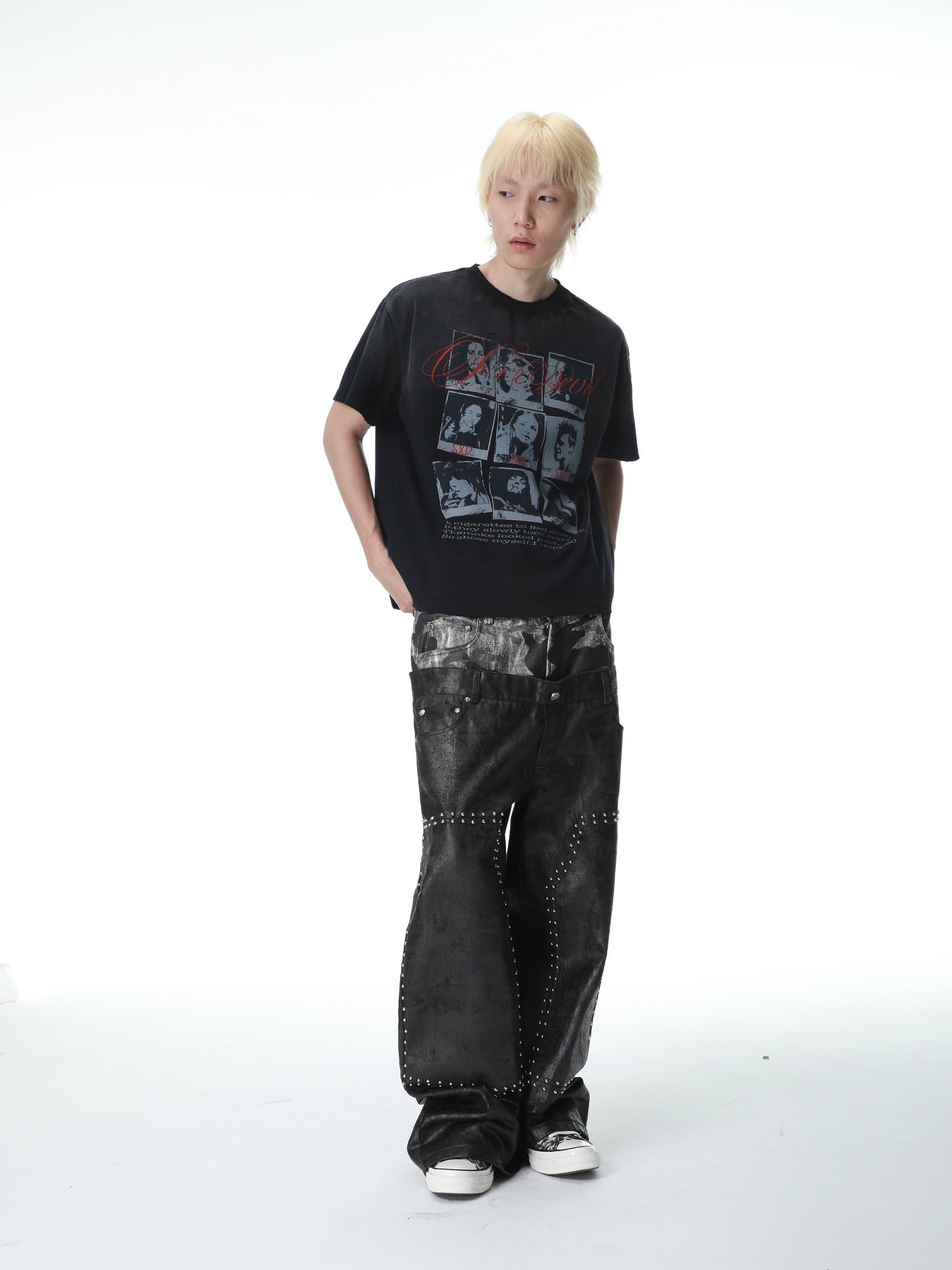 SEXXDEVIL Double Waist Waxed Camo Jeans