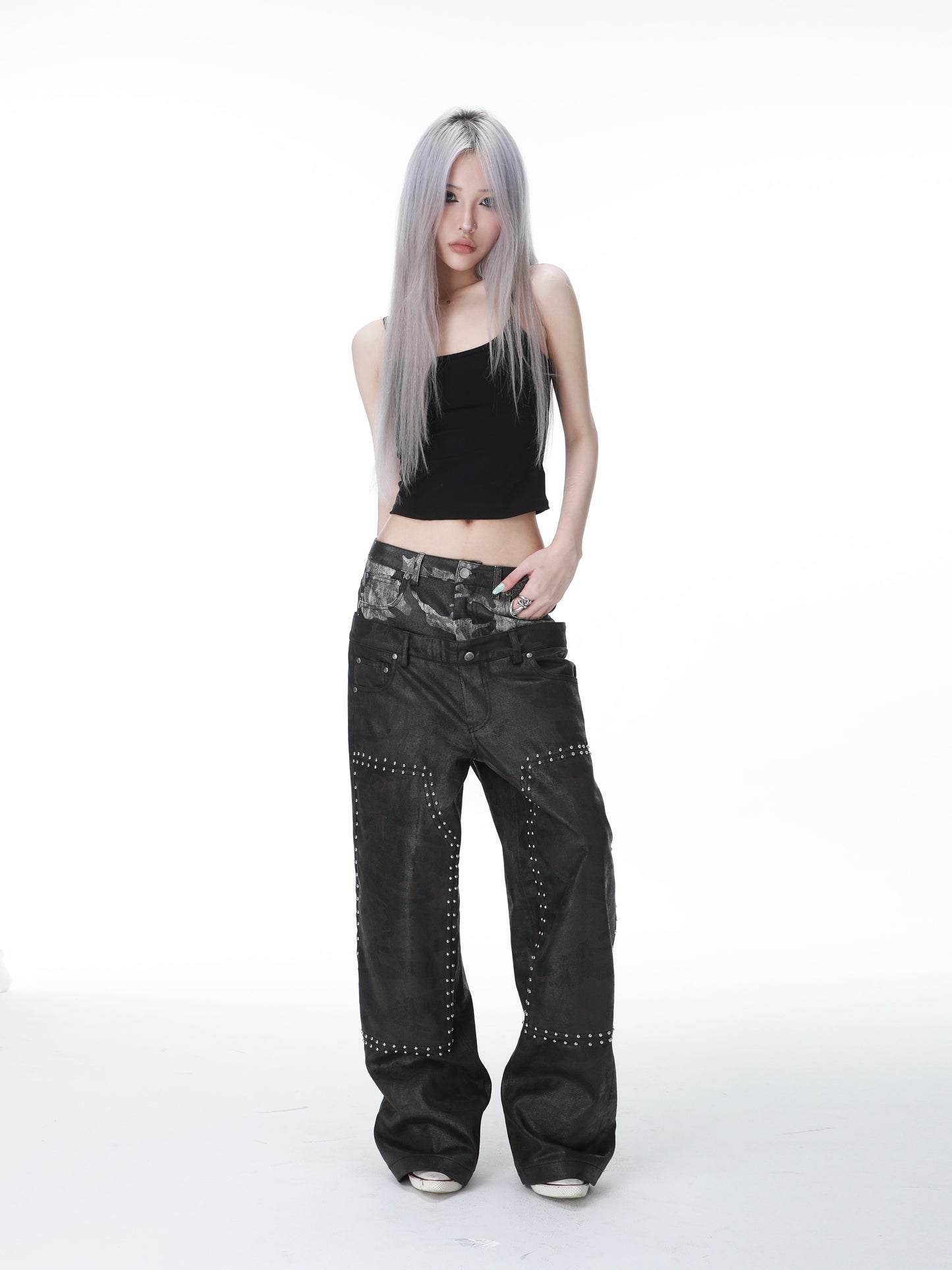 SEXXDEVIL Double Waist Waxed Camo Jeans