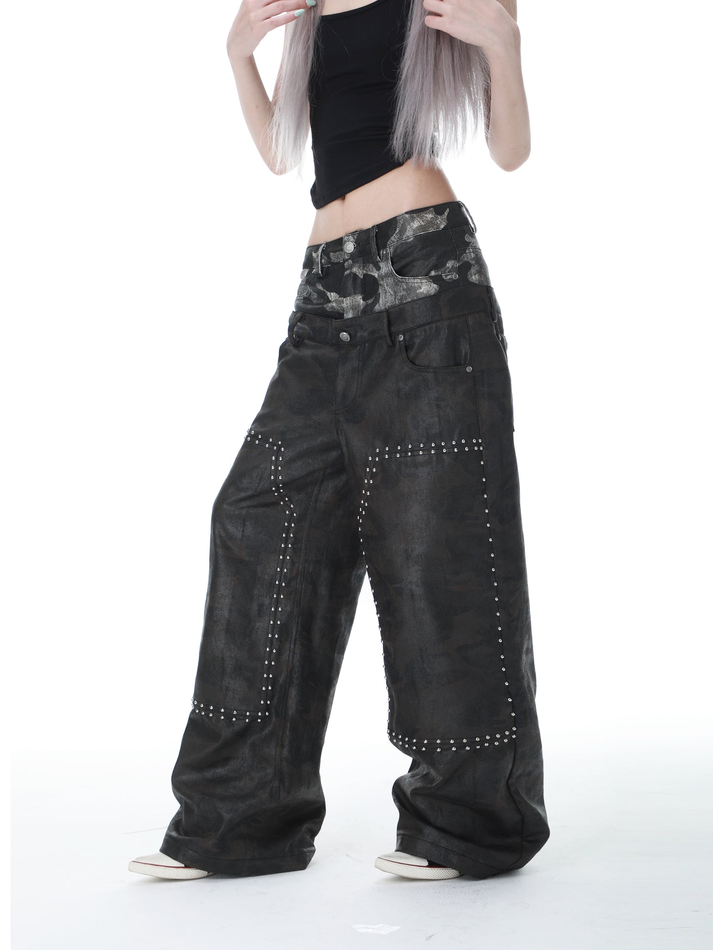 SEXXDEVIL Double Waist Waxed Camo Jeans