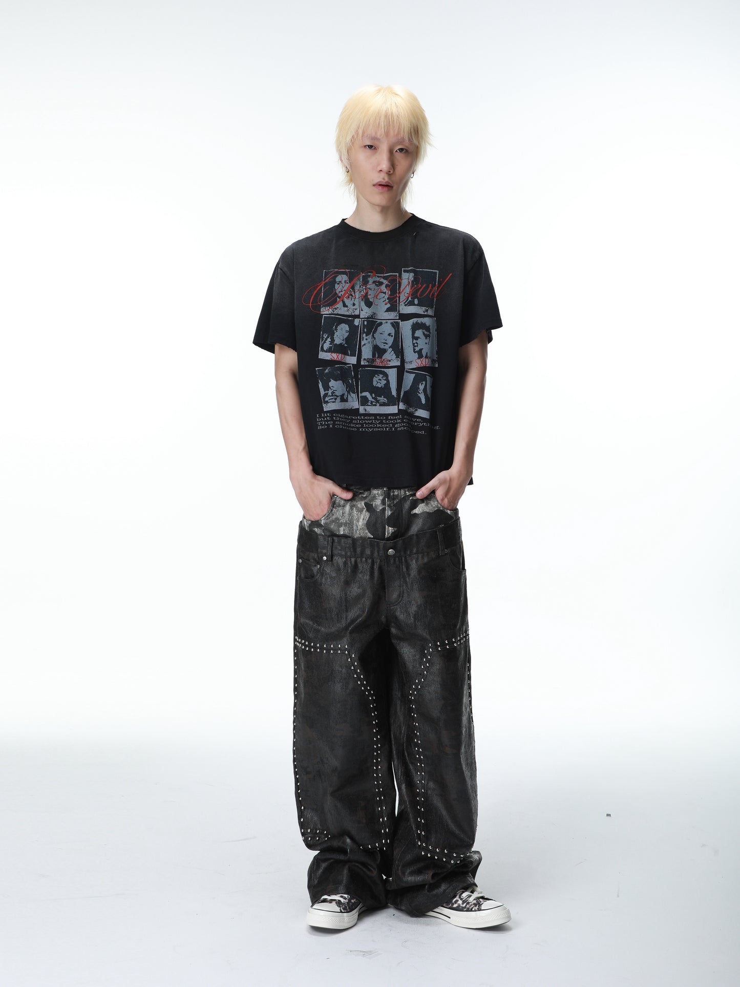 SEXXDEVIL Double Waist Waxed Camo Jeans