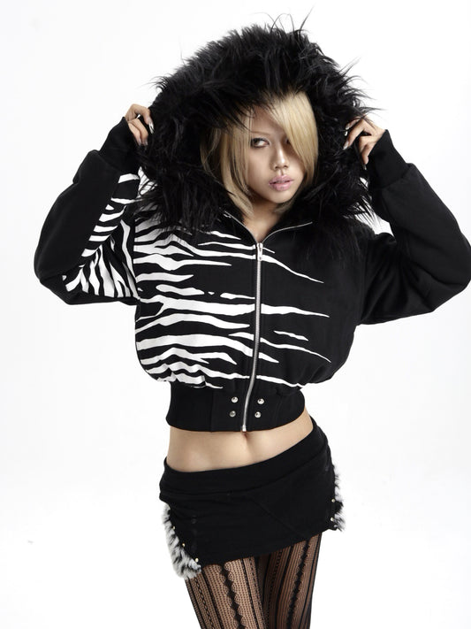 SEXXDEVIL Zebra-Print Fleece-Lined Hoodie