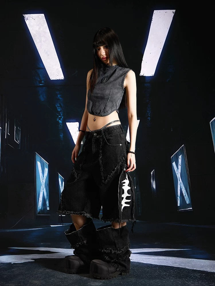 SEXXDEVIL Detachable 2-in-1 washed raw-edge jeans