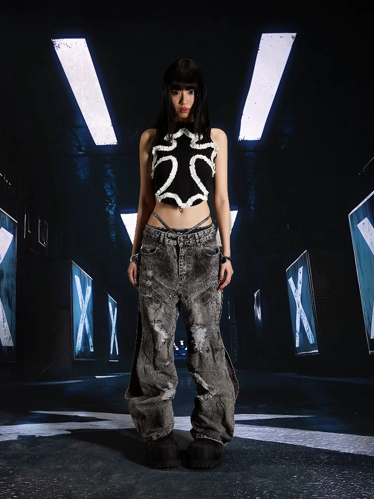 SEXXDEVIL Washed Deconstructed Denim Pants