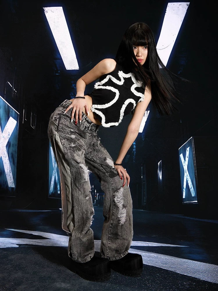 SEXXDEVIL Washed Deconstructed Denim Pants