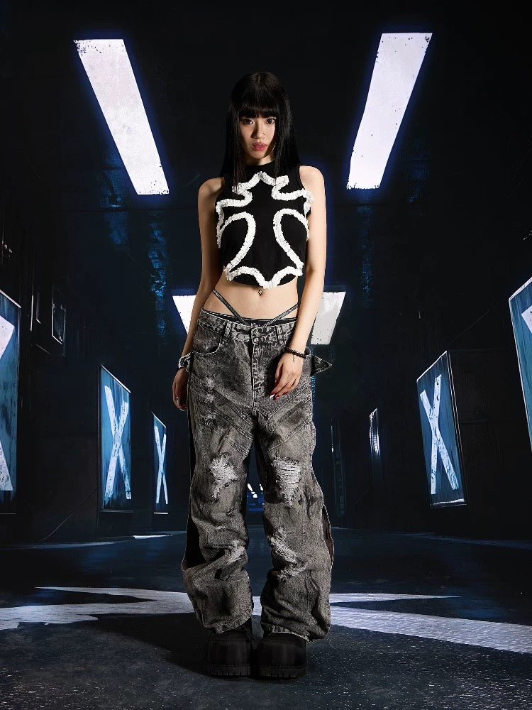 SEXXDEVIL Washed Deconstructed Denim Pants